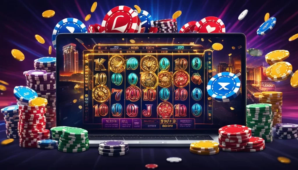 Hình ảnh máy slot game rực rỡ với biểu tượng jackpot, tượng trưng cho cơ hội nổ hũ lớn tại 18win3.